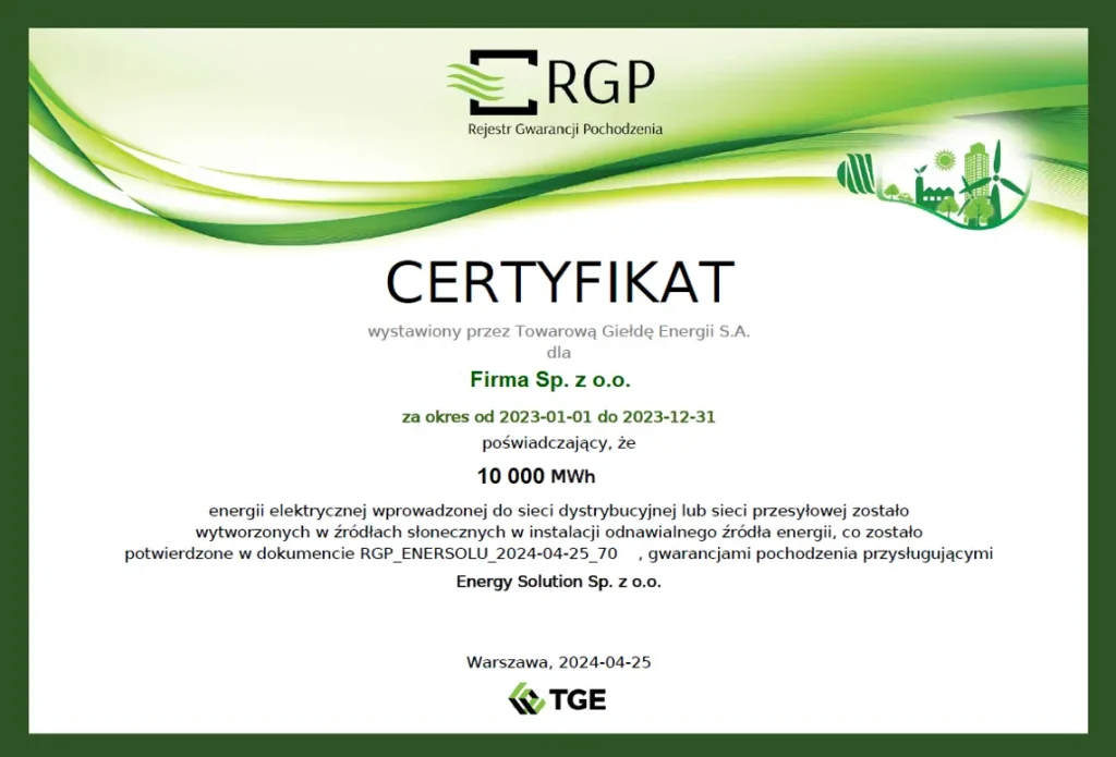 Certyfikat gwarancji pochodzenia wydany przez TGE